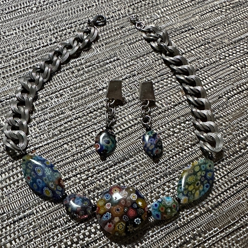 Colorful Millefiori Choker Necklace and Earring Set